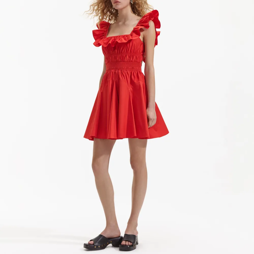 Red Cotton Ruffle Mini Dress
