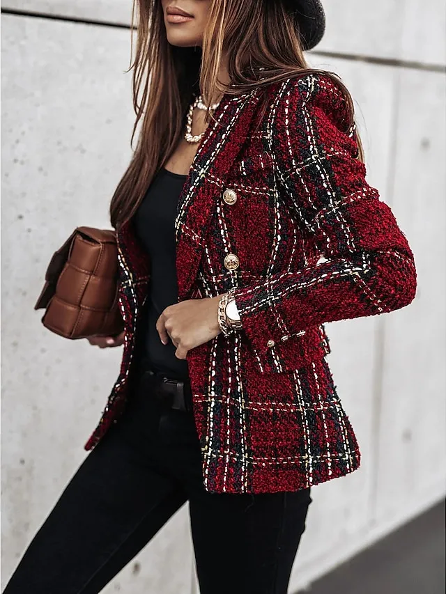 Women's Blazer Tweed Maillard Plaid Long Sleeve Coat Fall Winter Business Double Breasted Regular Jacket Green Brown XL 2XL 3XL