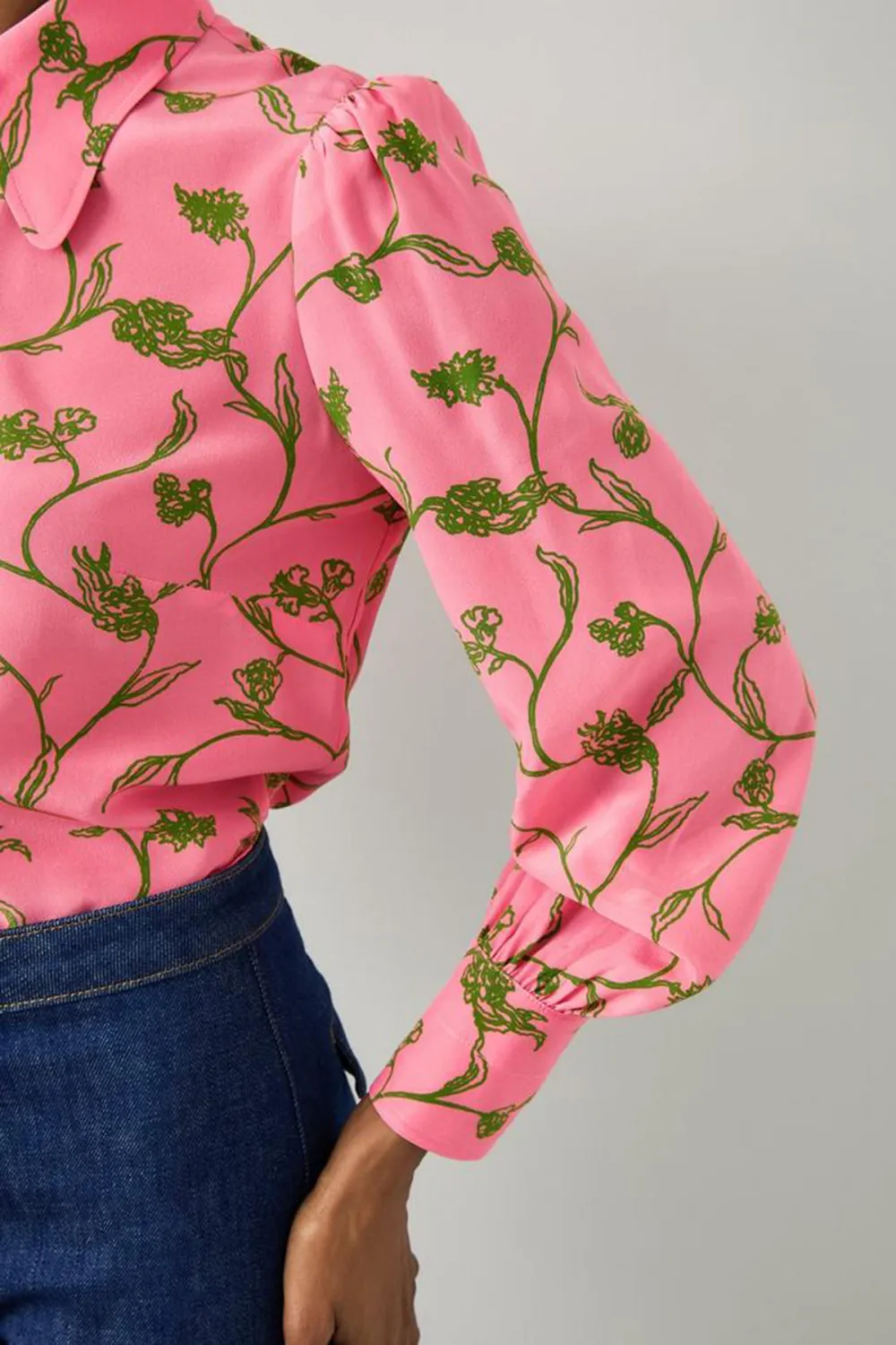Pink Floral Print Long Sleeve Button Down Blouse