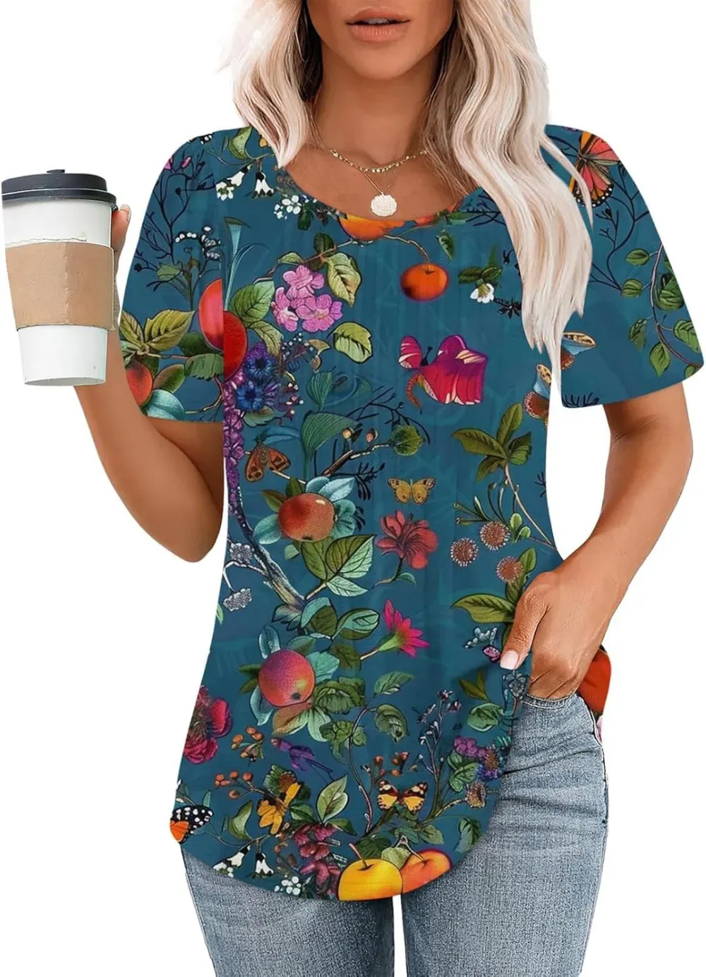 Womens Summer Pleated Front Shirts Tunics Casual Short Sleeved Loose Round Neck Boho Printed Tops Vacation Blouse