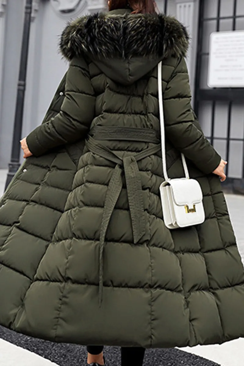 Hooded Fur Collar Belt Plain Coat
