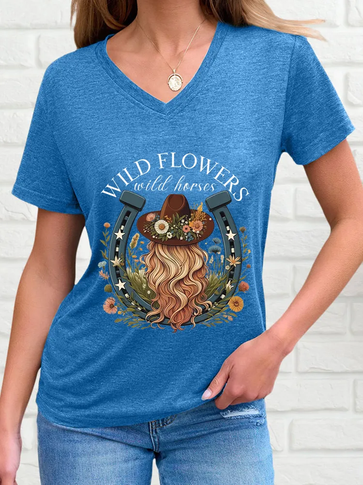 Women's Wildflower Pattern V-Neck Short Sleeve T-Shirt