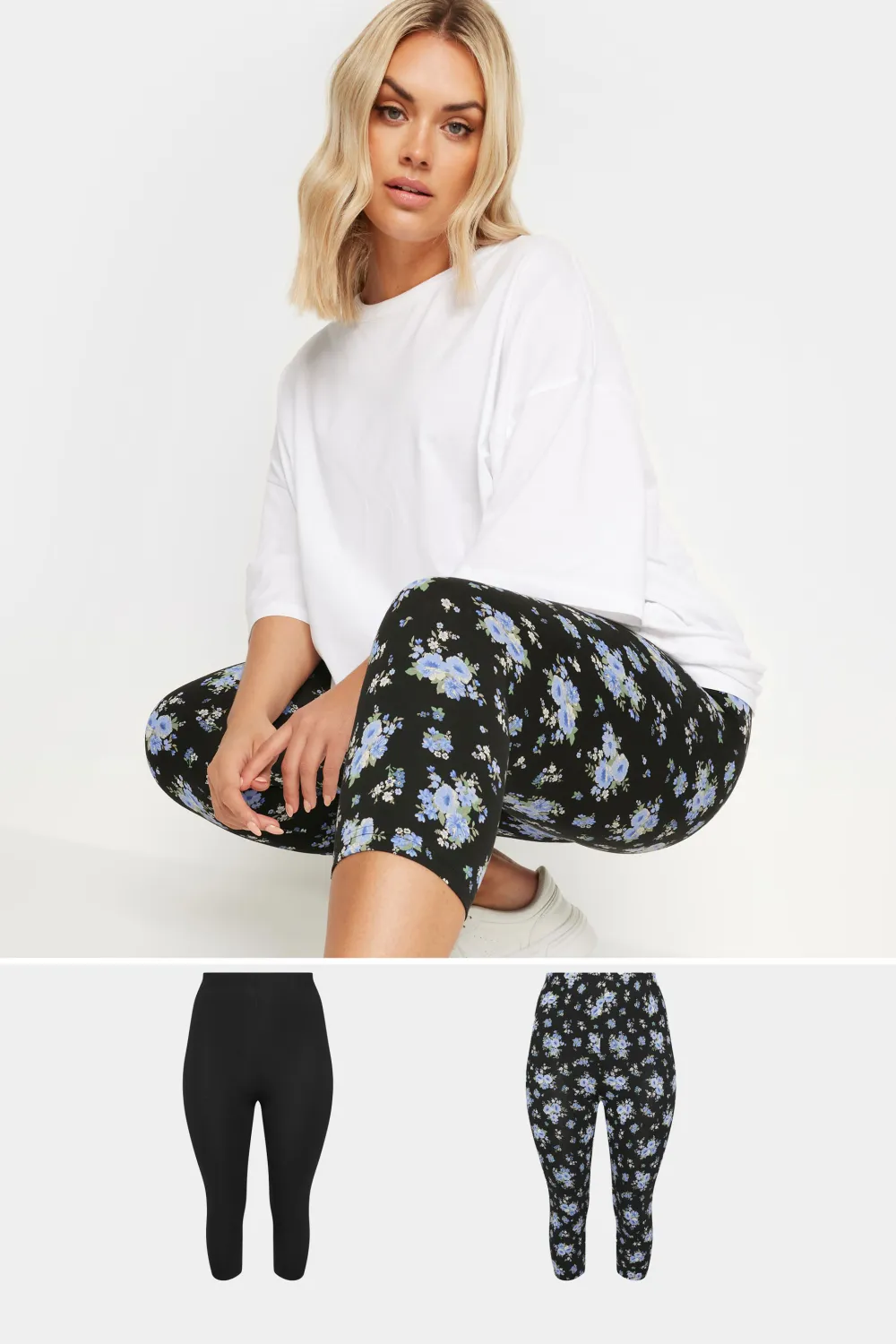 YOURS Curve 2 PACK Black & White Ditsy Floral Print Cropped Leggings