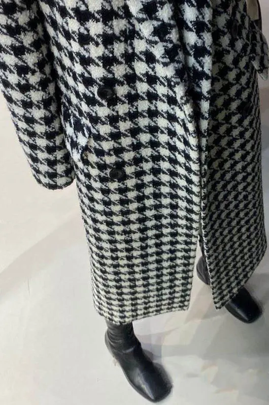 Classic Houndstooth Lapel Coat with Pockets