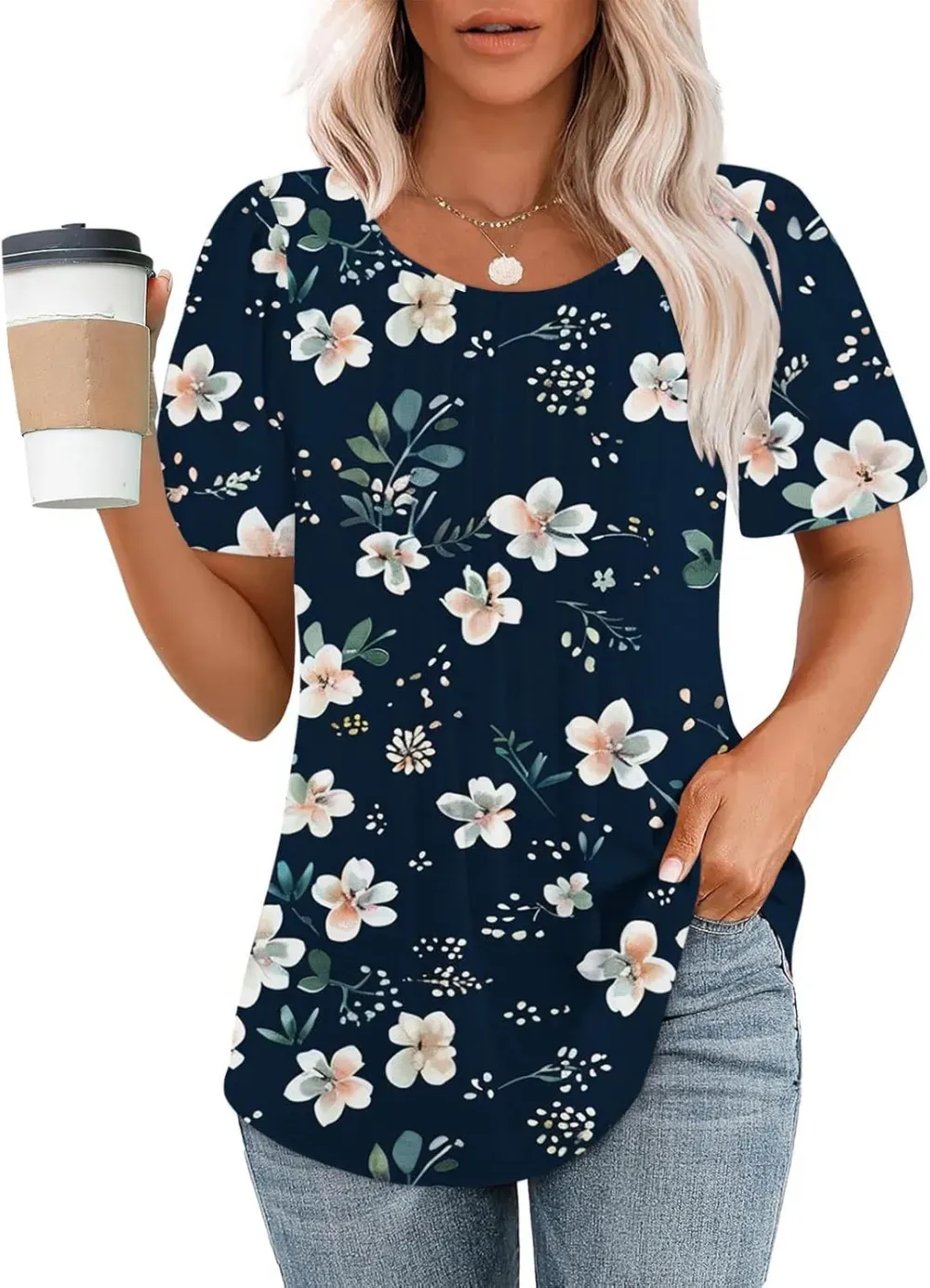 Womens Summer Pleated Front Shirts Tunics Casual Short Sleeved Loose Round Neck Boho Printed Tops Vacation Blouse