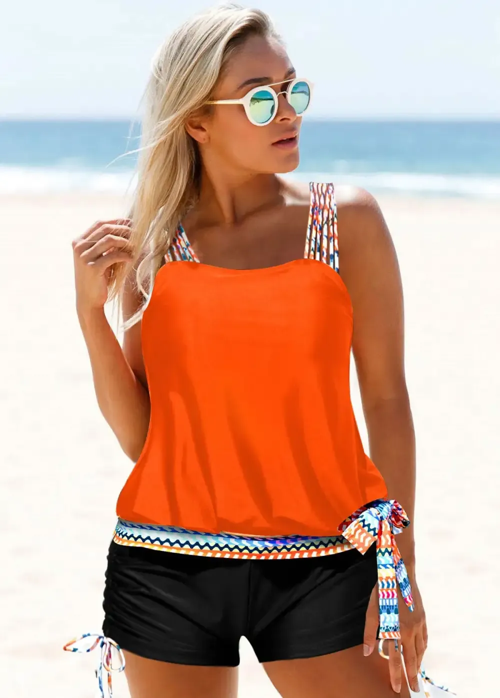 TRIBAL PRINT TIE SIDE CORAL ORANGE TANKINI SET