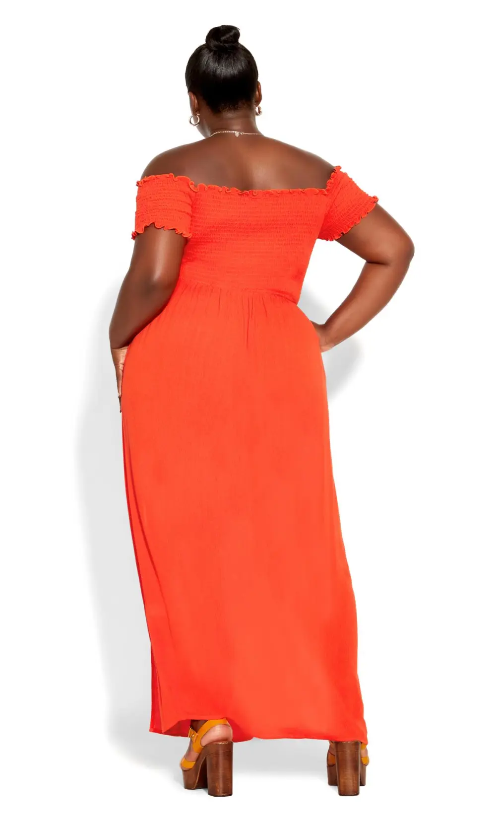 Evans Orange Shirred Bardot Maxi Dress