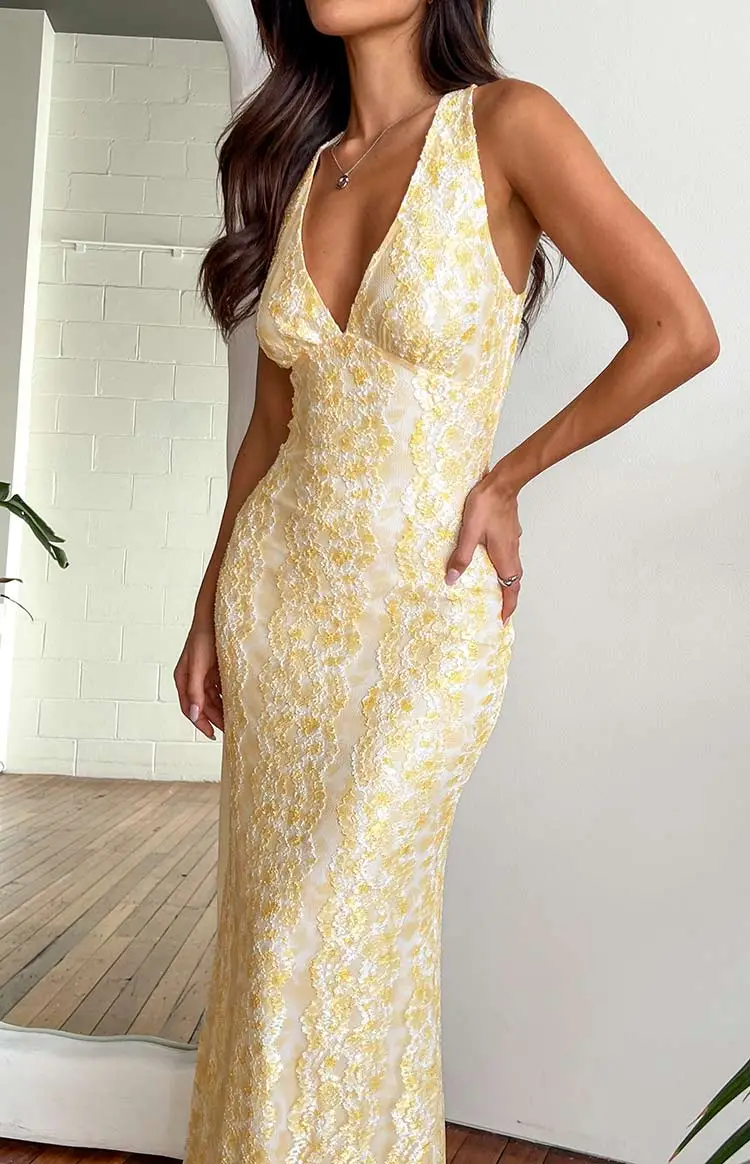 Yellow Floral Lace Maxi Dress
