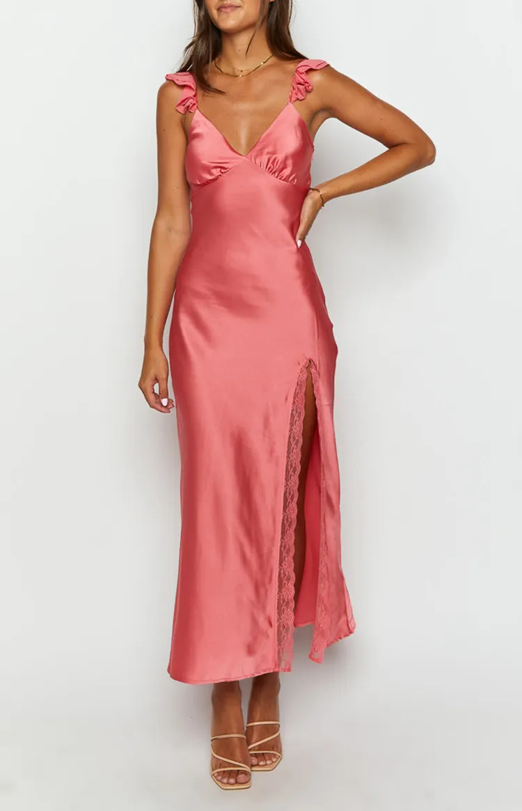 Coral Satin Slit Maxi Dress