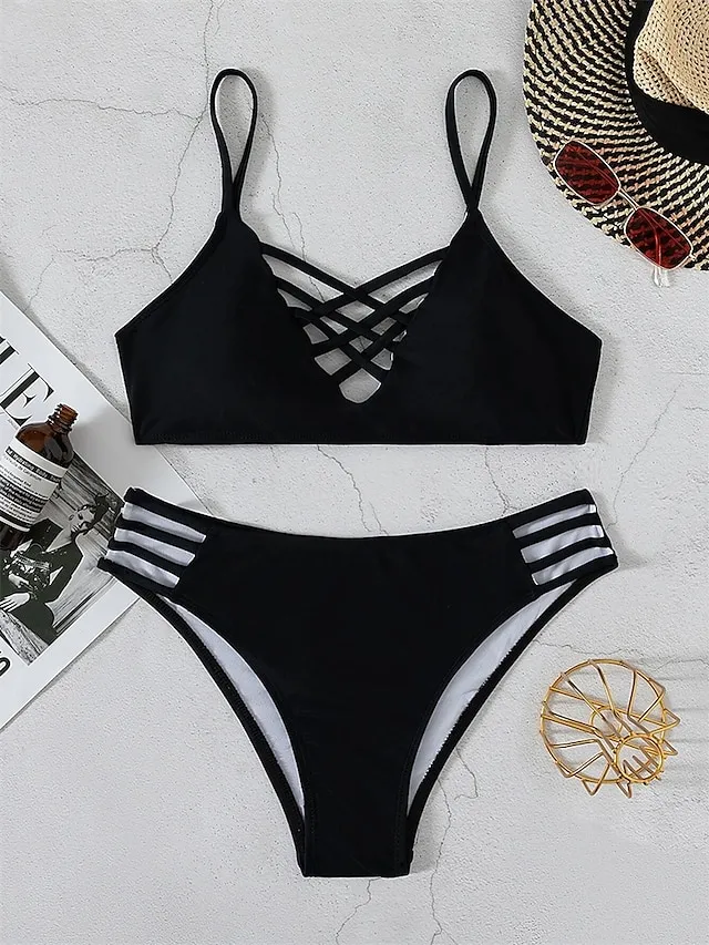 Women's Swimwear Bikini 2 Piece Normal Swimsuit Backless 2 Piece Sexy Hole Pure Color Black Strap Bathing Suits New Vacation Sexy