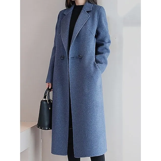 Women's Winter Coat Long Overcoat Double  Breasted Lapel Pea Coat Thermal Warm Windproof Trench Coat Stylish Contemporary Modern Jacket Long Sleeve with Pockets Black Yellow Red