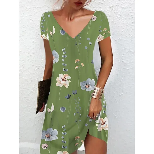 Women's Casual Dress Summer Dress Print Dress Floral Print V Neck Mini Dress Active Fashion Outdoor Daily Short Sleeve Regular Fit Black And White Olive Green Colourful Summer Spring S M L XL XXL