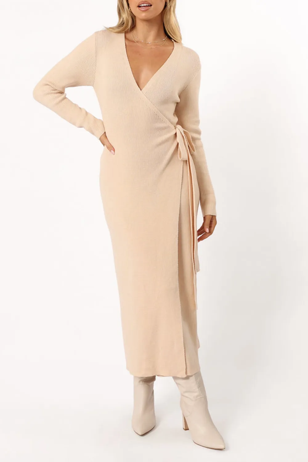 V-NECK BOW WRAP DRESS