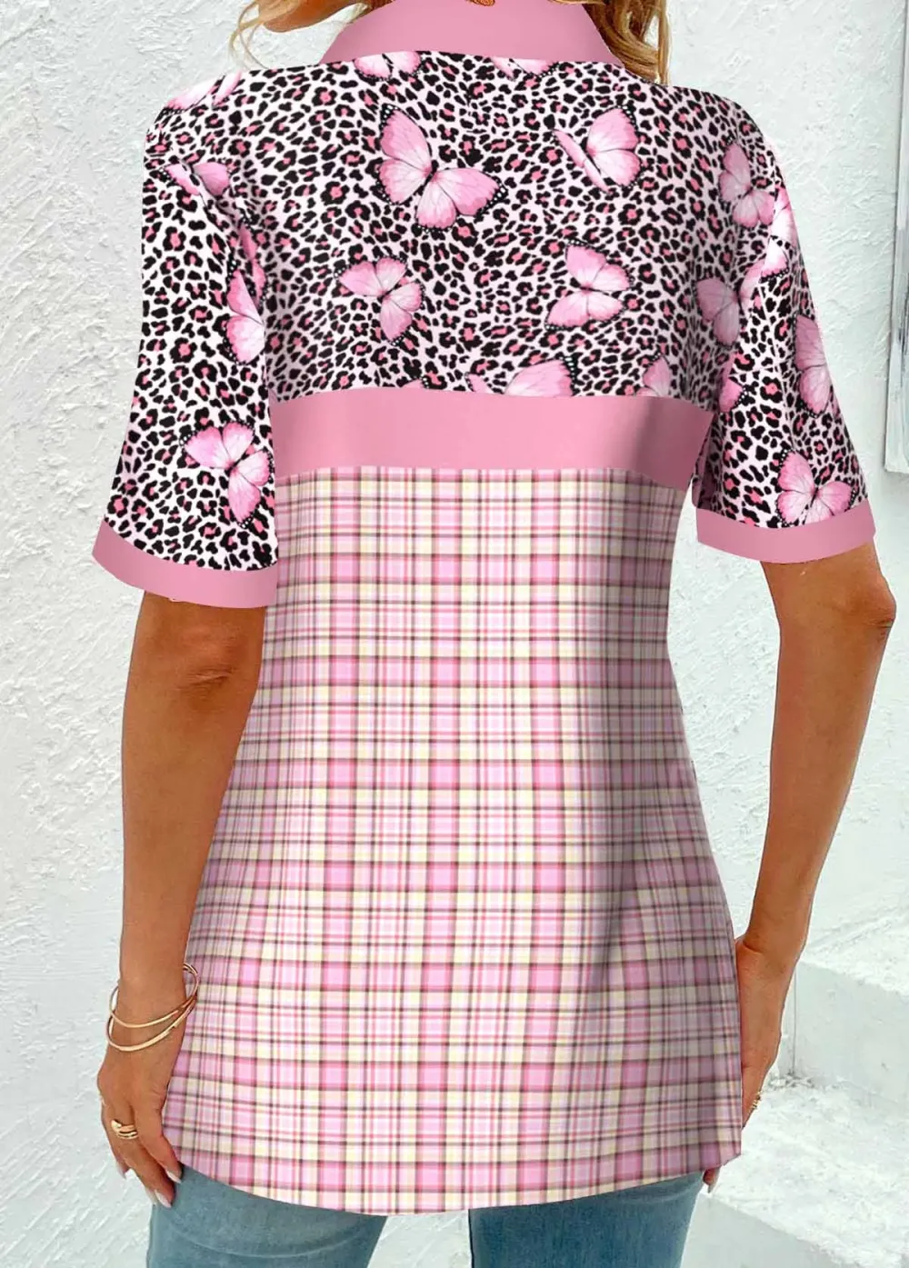 Light Pink Patchwork Plaid Short Sleeve Blouse