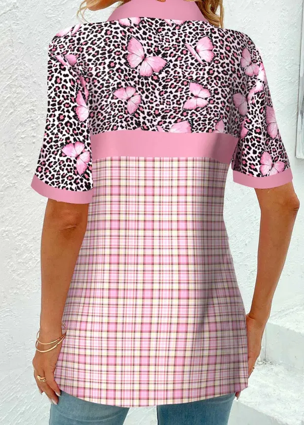 Light Pink Patchwork Plaid Short Sleeve Blouse