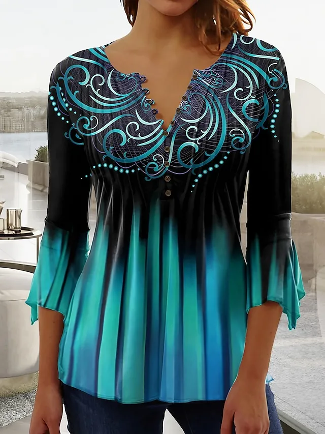 Women's Plus Size Shirt T shirt Tee Blouse Graphic Pink Blue Green Button Print 3/4 Length Sleeve Casual Weekend Basic Round Neck Regular Fit