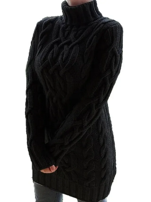 Women's Sweater Dress Jumper Dress Winter Dress Knee Length Dress Knitwear Casual Pure Color Winter Dress Daily Fall Dress Turtleneck Long Sleeve Patchwork Jacquard 2022 Regular Fit Black White Purple