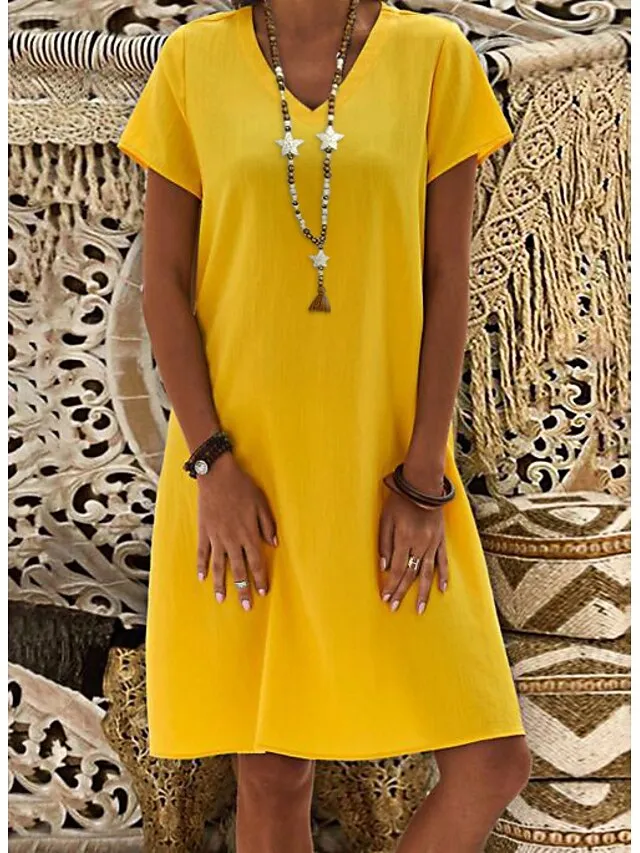 Women's Casual Dress Casual Dress Shift Dress Pure Color Pocket V Neck Midi Dress Basic Daily Vacation Short Sleeve Loose Fit Black Yellow Light Green Summer Spring S M L XL XXL