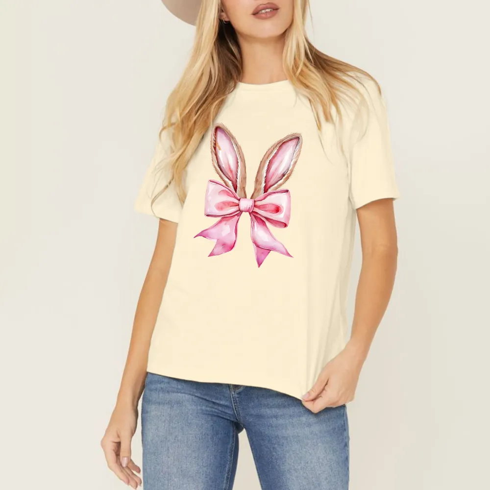 A Cartoon Pink Bunny Ears And Pink Bow Combination Pattern, Cute, Casual T-Shirt