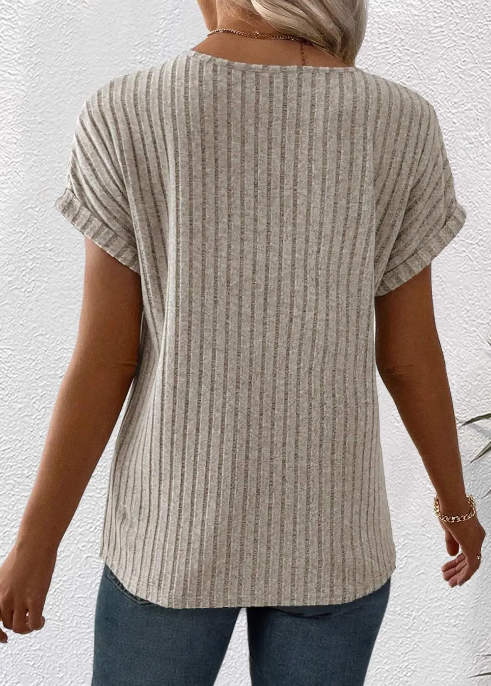 Light Camel Button Short Sleeve Split Neck T Shirt