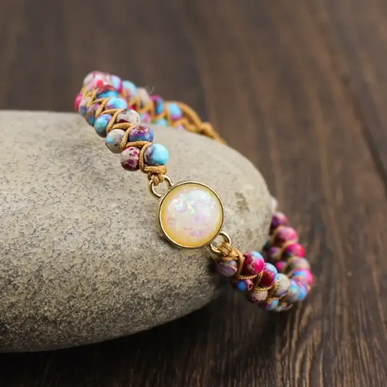 Opal Stone Bracelet-Healing Meditation Natural Galaxy Sea Sediment Bracelet-Spiritual Protection Inner Peace Anxiety Relief Bracelet