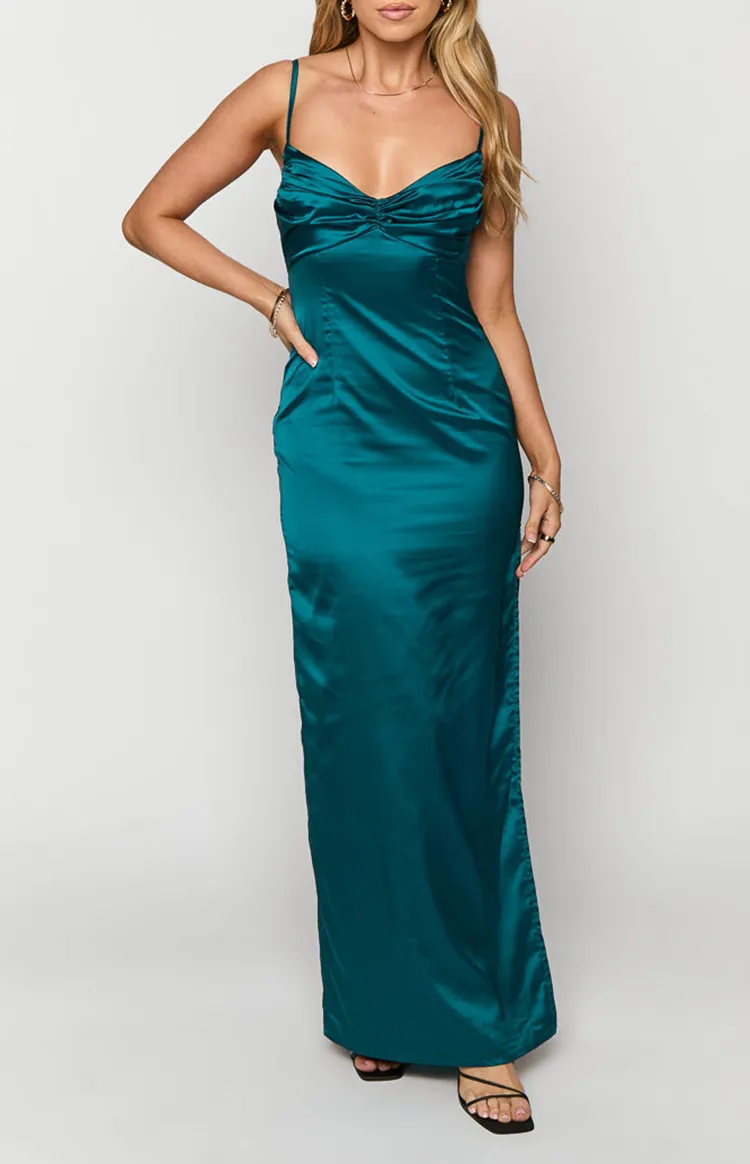 Ruched Spaghetti Strap Teal Maxi Dress