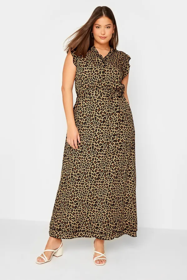 LTS Tall Brown Leopard Print Frill Sleeve Maxi Dress