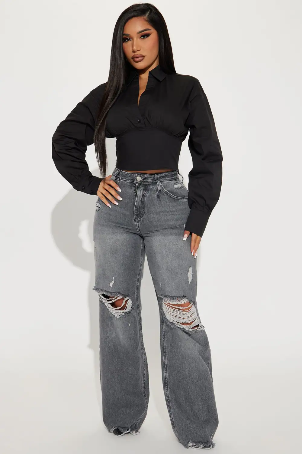 Wasting Time Cropped Shirt - Black