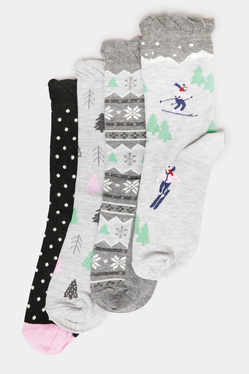 4 PACK Grey & Black Skier Print Ankle Socks