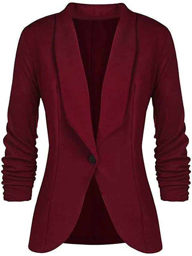 Women's Blazer Formal Office Jacket Open Front Button Plain Windproof Streetwear Pink Regular Fit Outerwear Long Sleeve Spring Navy S