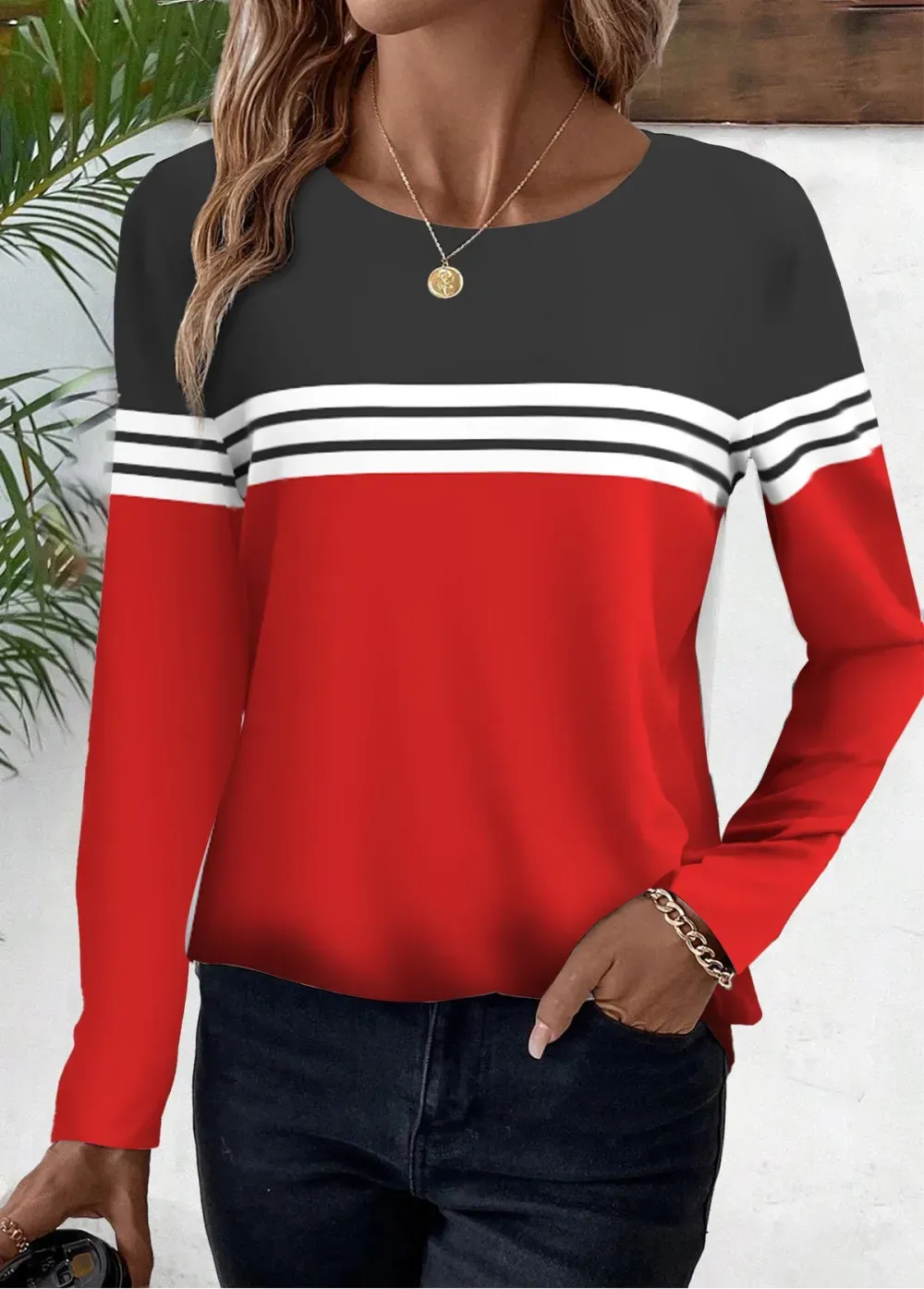 Red Striped Long Sleeve Round Neck T Shirt