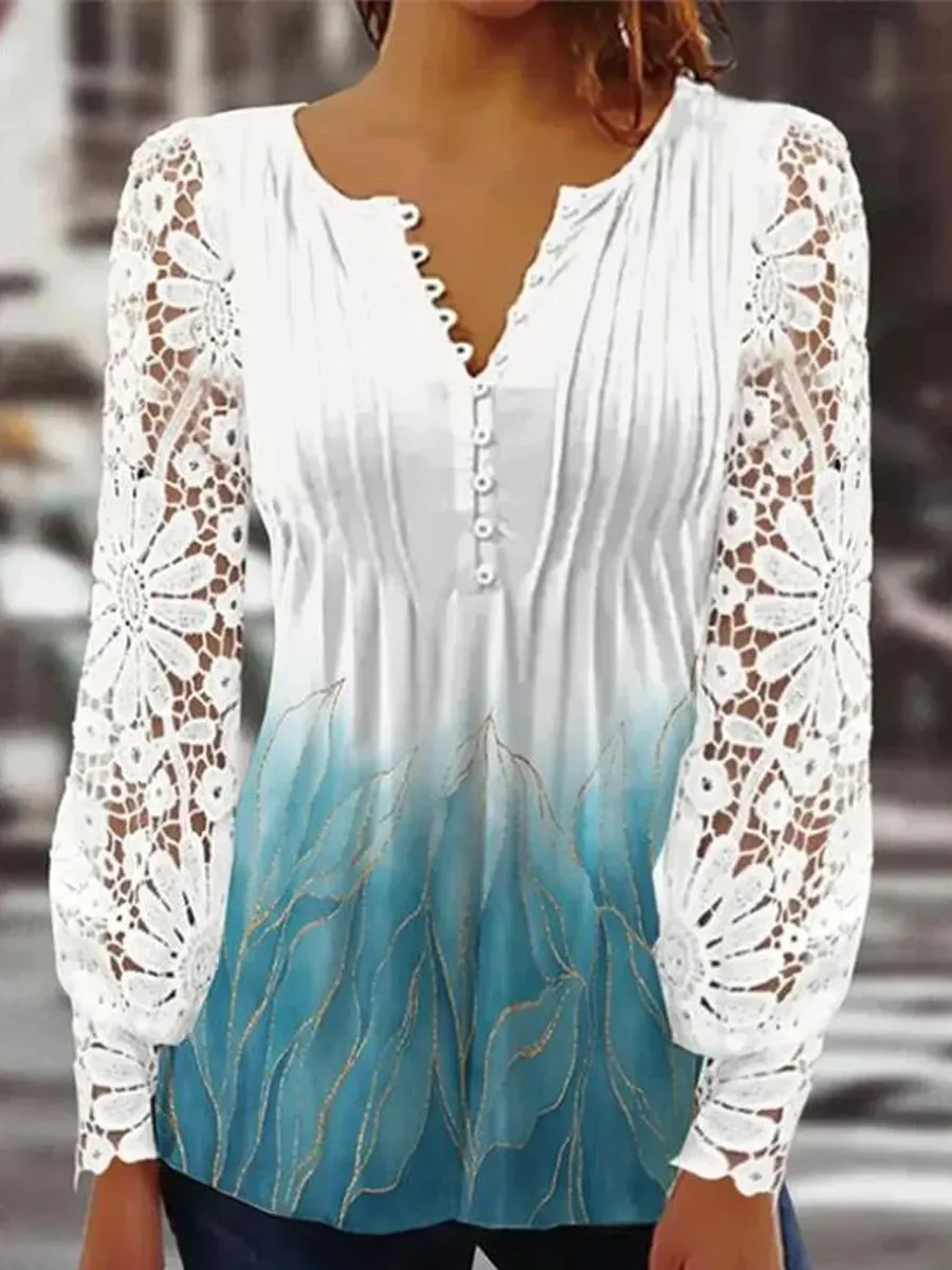 Round Neck Casual Loose Floral Print Lace Long Sleeve T-Shirt