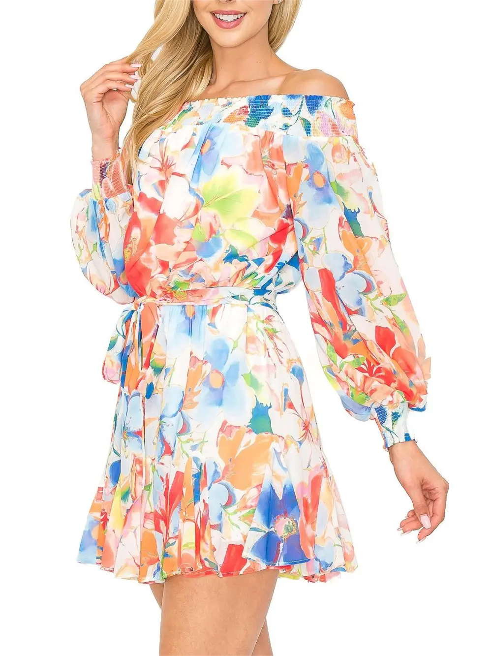 Multicolor Floral Off - Shoulder Belted Romper