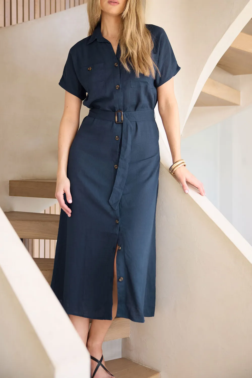 Navy Blue Linen Button Casual Style Dress