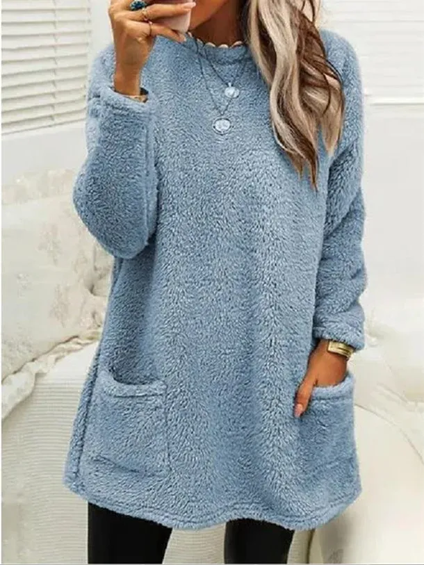 Women Plush Crew Neck Casual Thermal Pockets Midi Dress