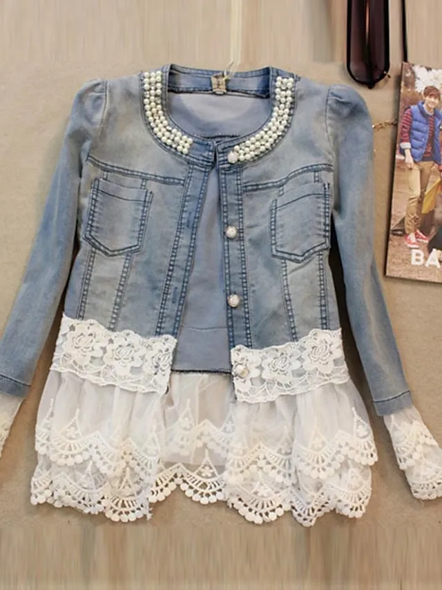 Women's Denim Jacket Spring Coat Lace Regular Fit Elegant Jacket Long Sleeve Solid Color Breathable Streetwear Pocket Blue Beaded Outdoor Street Daily