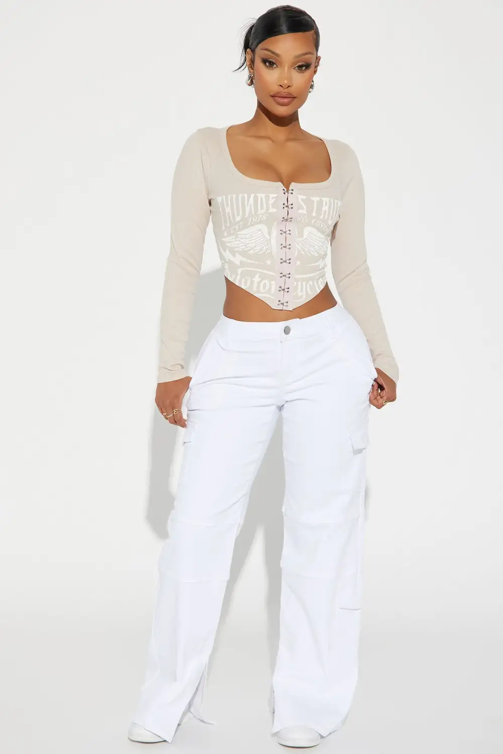 Roll Deep Hook & Eye Long Sleeve Top - Beige