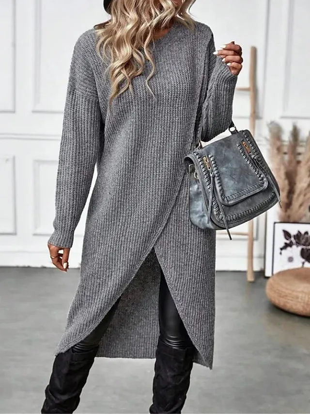 Women's Sweater Dress Jumper Dress Casual Dress Midi Dress Warm Plain Outdoor Daily Going out Crew Neck Long Sleeve 2023 Regular Fit Black Green khaki S M L XL XXL 3XL