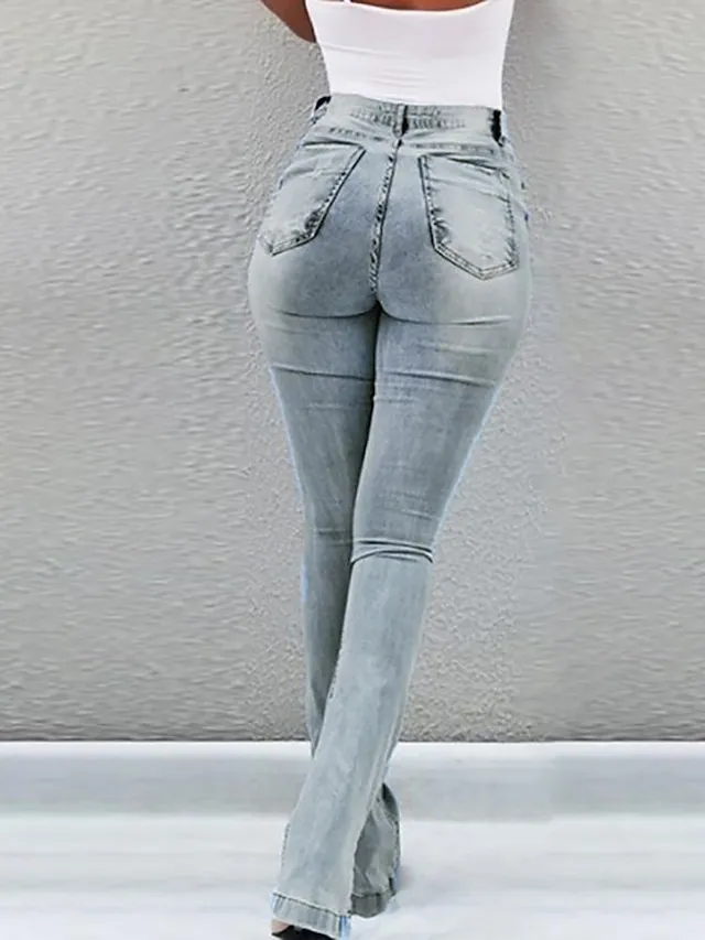 Women‘s Flare Jeans Pants Trousers Full Length Denim Split High Elasticity High Waist Fashion Casual Office Vacation Light Blue bule S M Autumn / Fall