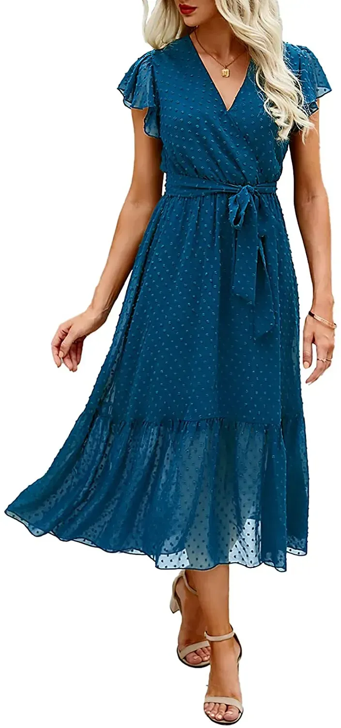 Women Summer Bohemian Floral Casual Wrap V Neck Ruffle Cap Sleeveless Belt A-Line Pleated Hem Swing Midi Sun Dress