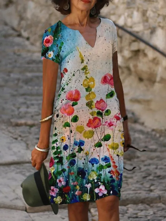 Women‘s Shift Dress Knee Length Dress Green Black Blue Purple Pink Yellow Army Green Fuchsia Gold Royal Blue Short Sleeve Floral Color Gradient Print Spring Summer V Neck Stylish Casual Modern 2023 S