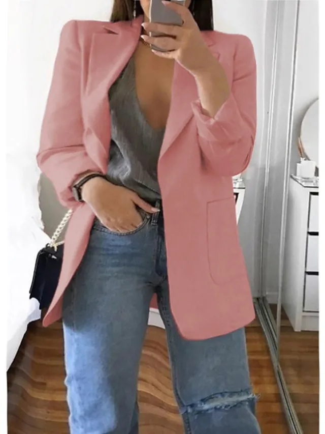 Women's Plus Size Curve Blazer Spring Work to Wear Office Jacket with Pocket Long Sleeve Peaked Lapel Fall Winter