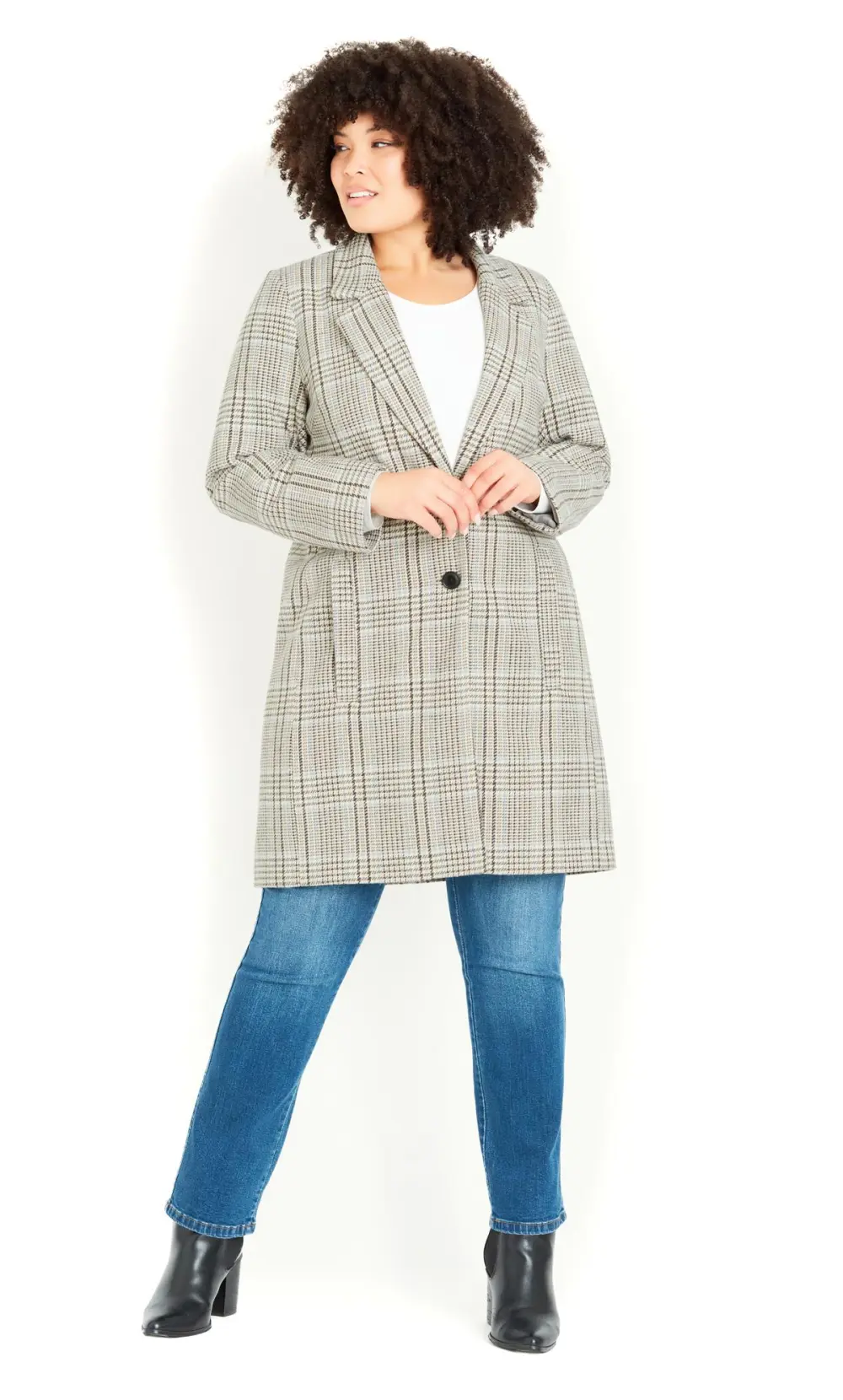 Evans Natural Brown Checked Button Detail Blazer