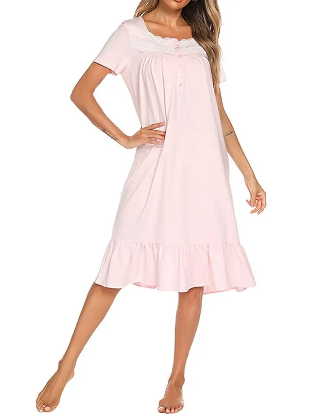 Women's Pajamas Nightgown Dress Pure Color Basic Simple Casual Home Daily Bed Cotton Breathable Square Neck Short Sleeve Dress Button Spring Summer White Pink