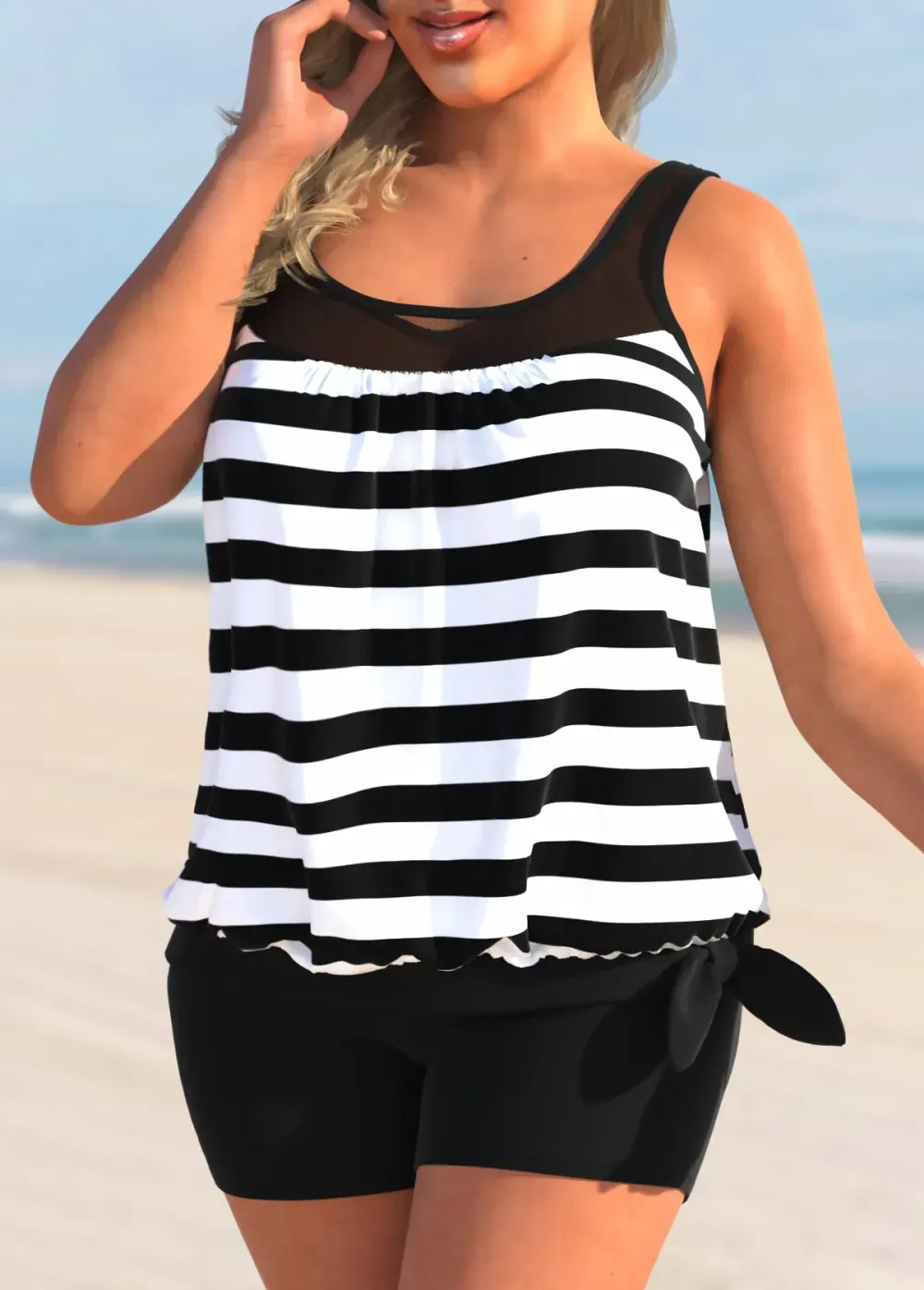 Bowknot Multi Stripe Print Pink Tankini Top