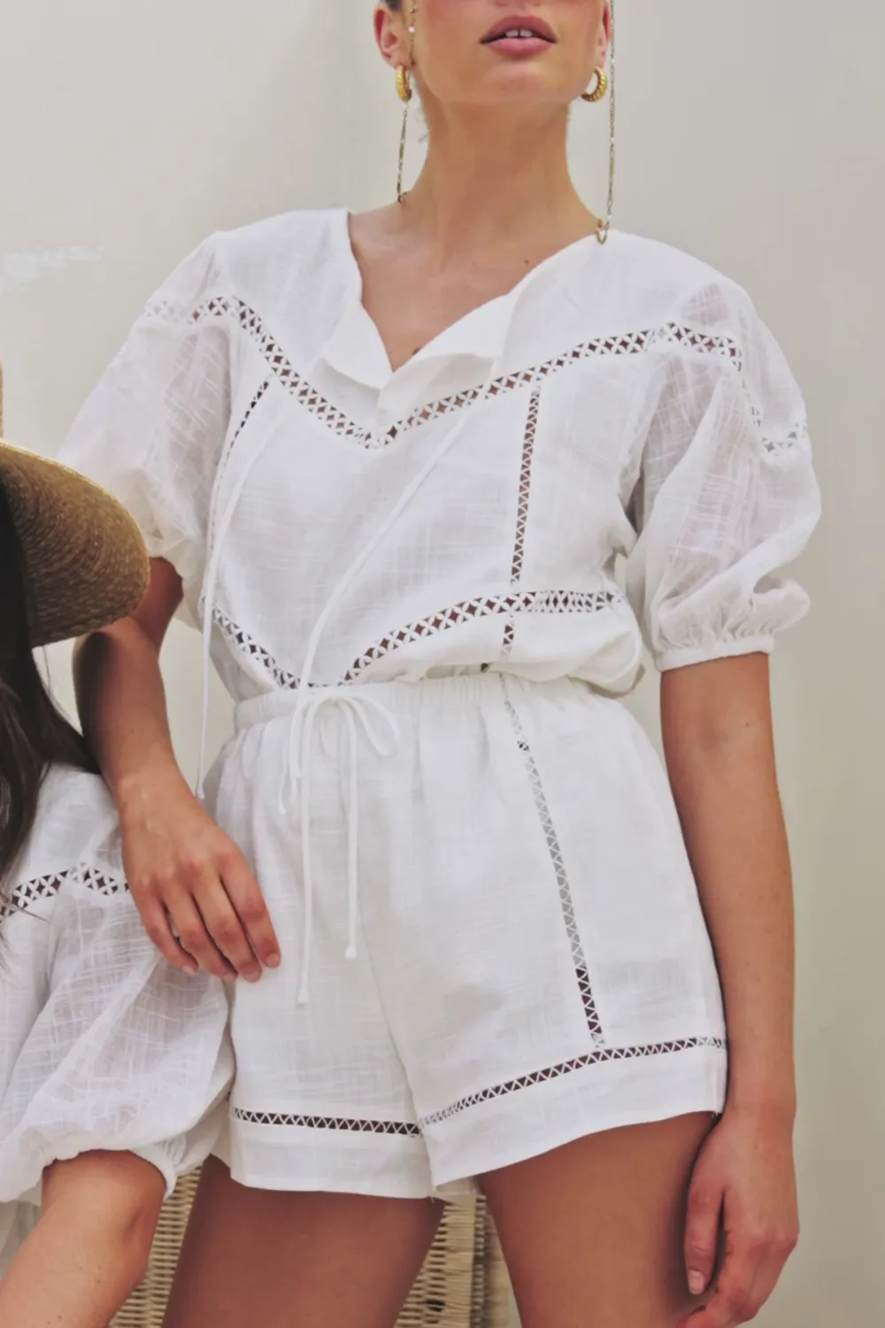 Eyelet Detailing Puff Sleeve Blouse