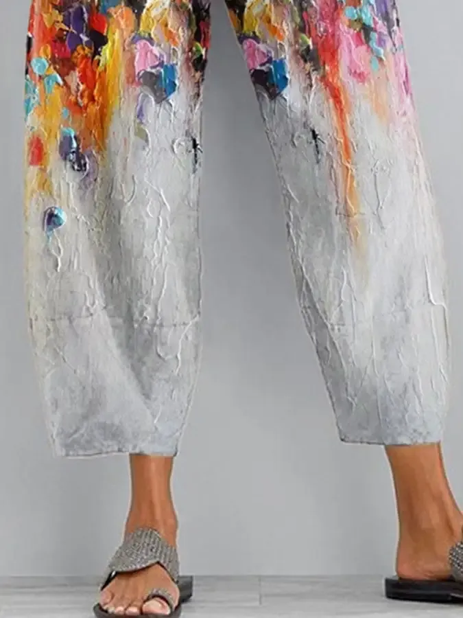 Casual Floral Oil Painting Print Trousers