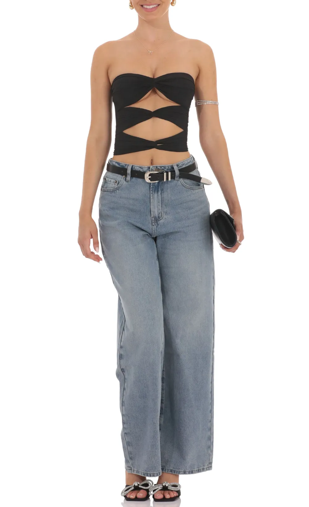 Mesh Cutout Strapless Top in Black