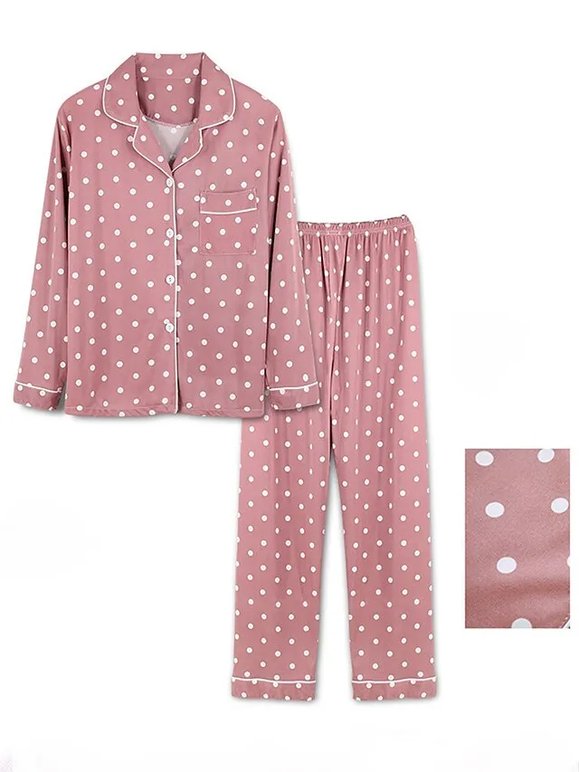 Women's Pajamas Sets Heart Grid / Plaid Fashion Comfort Soft Home Daily Bed Satin Breathable Lapel Long Sleeve Shirt Pant Button Pocket Fall Winter Light Pink Lotus Pink