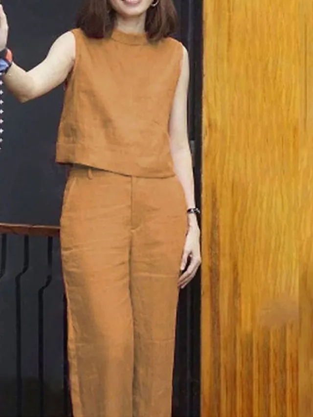 Women's Loungewear Sets Pure Color Fashion Casual Comfort Street Daily Date Cotton And Linen Breathable Stand Collar Sleeveless Tank Top Pant Summer Spring Blue Fuchsia